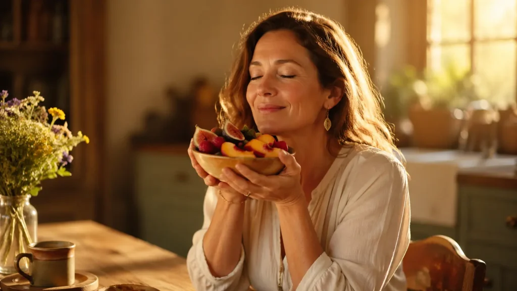 Femme sereine savourant un bol de fruits frais en pleine conscience, illustrant l'approche bienveillante de l'hypnose pour la gestion du poids