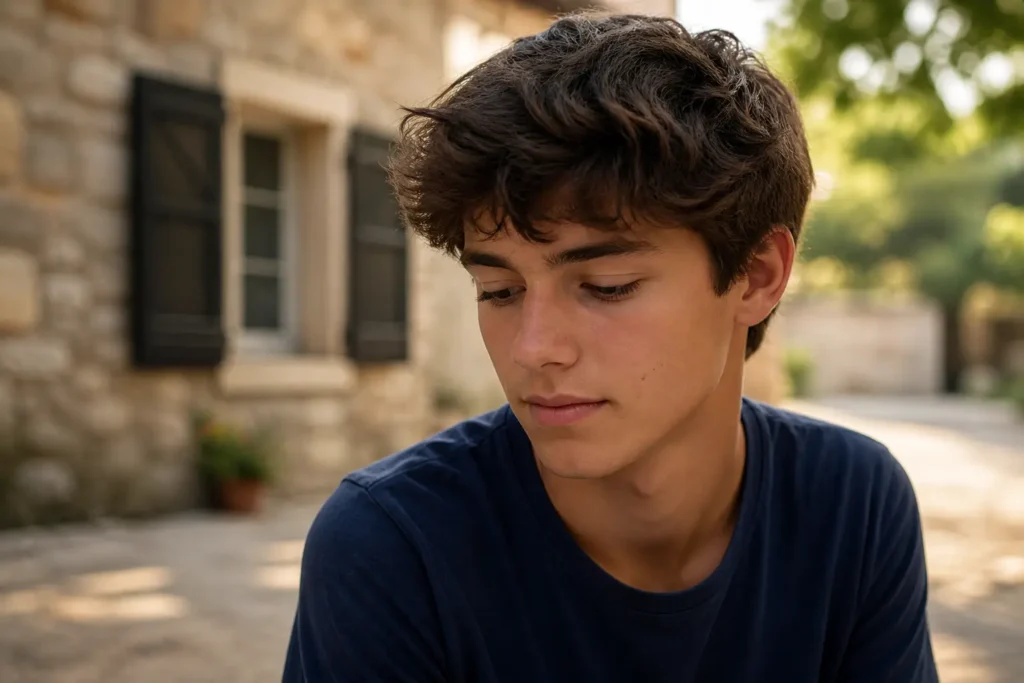 Adolescent pensif le regard baissé, illustrant le questionnement intérieur avant de franchir le pas vers l'hypnose