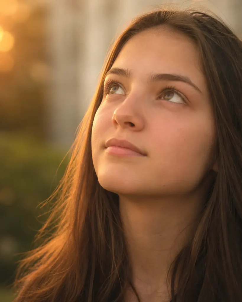 Adolescente au regard tourné vers le haut, lumière dorée, illustrant l'espoir et l'ouverture apportés par l'hypnose