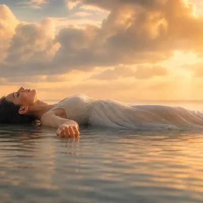 Femme flottant paisiblement sur l'eau au coucher du soleil, illustrant le voyage intérieur et la détente profonde de l'autohypnose