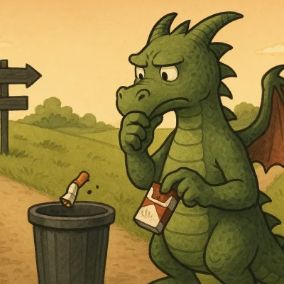 dragon jetant ses cigarettes à la poubelle, mascotte du programme maître dragon d'arrêt du tabac par autohypnose